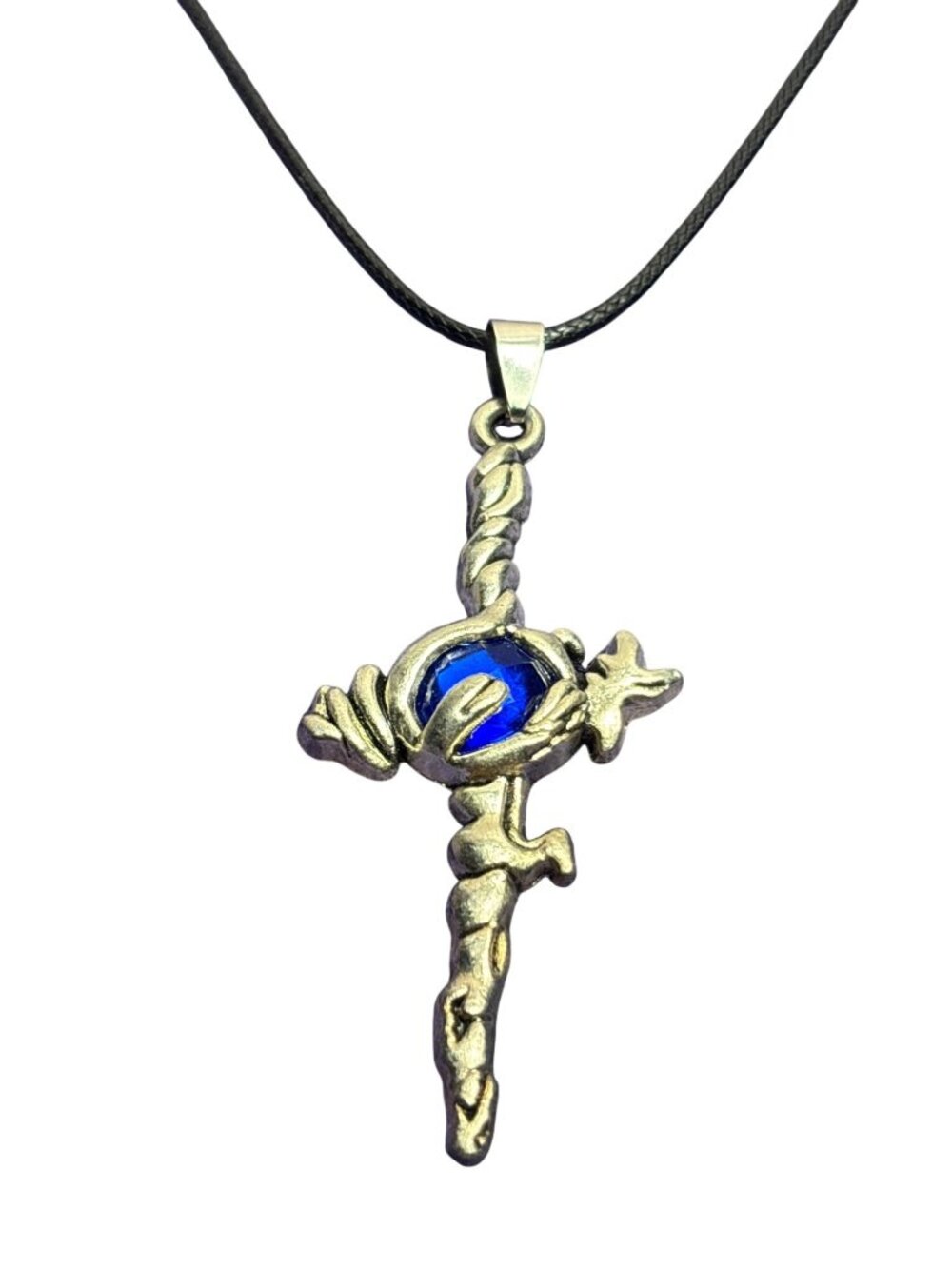 Anime Sword Pendant Necklace Silvertone Blue Rhinestone Black Cord Pendant